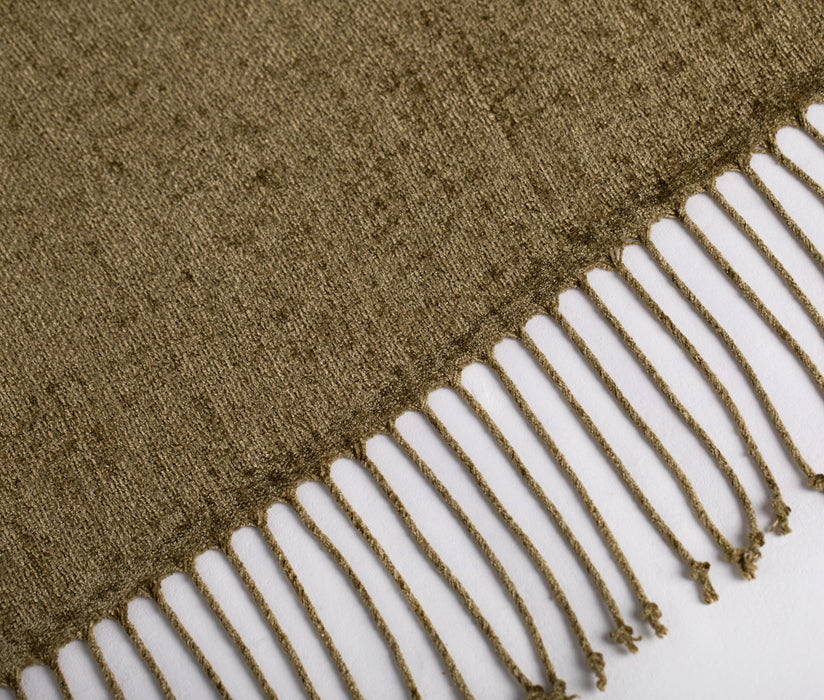 Chenille Throw/ Blanket with Fringe- Olive Brown - FineFamilyGoods