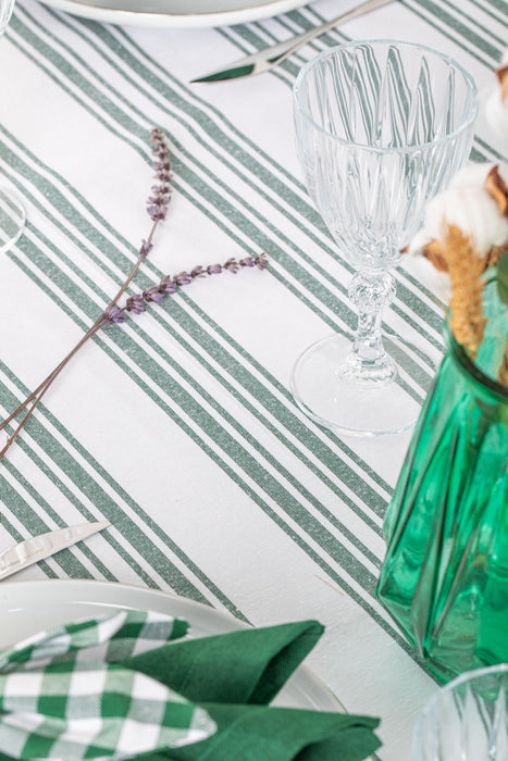 White and Emerald Green Table Set - Tablecloth, Napkin, Napkin Ring - FineFamilyGoods63" x 94"