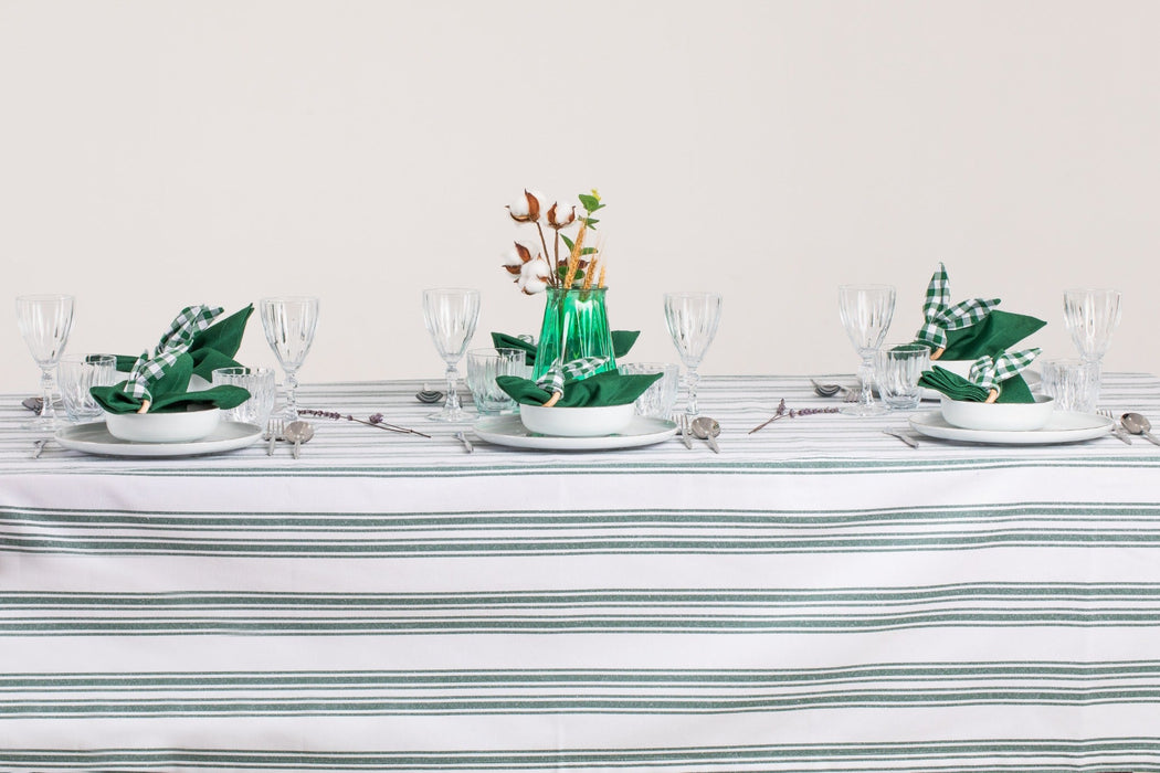 White and Emerald Green Tablecloth - FineFamilyGoods63" x 94"