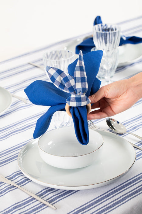 White and Navy Table Set - Tablecloth, Napkin, Napkin Ring - FineFamilyGoods63" x 94"
