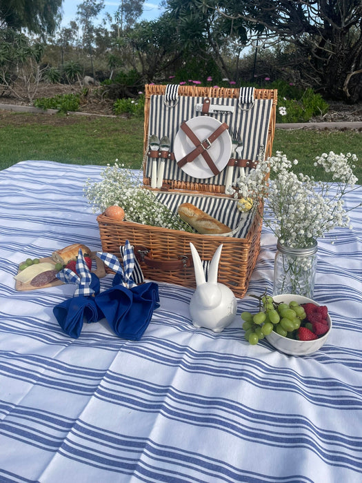 White and Navy Table Set - Tablecloth, Napkin, Napkin Ring - FineFamilyGoods63" x 94"