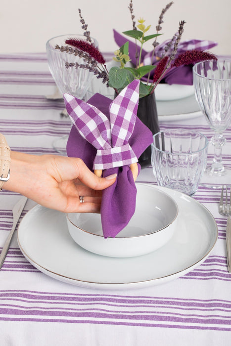 White and Purple Table Set - Tablecloth, Napkin, Napkin Ring - FineFamilyGoods63" x 94"