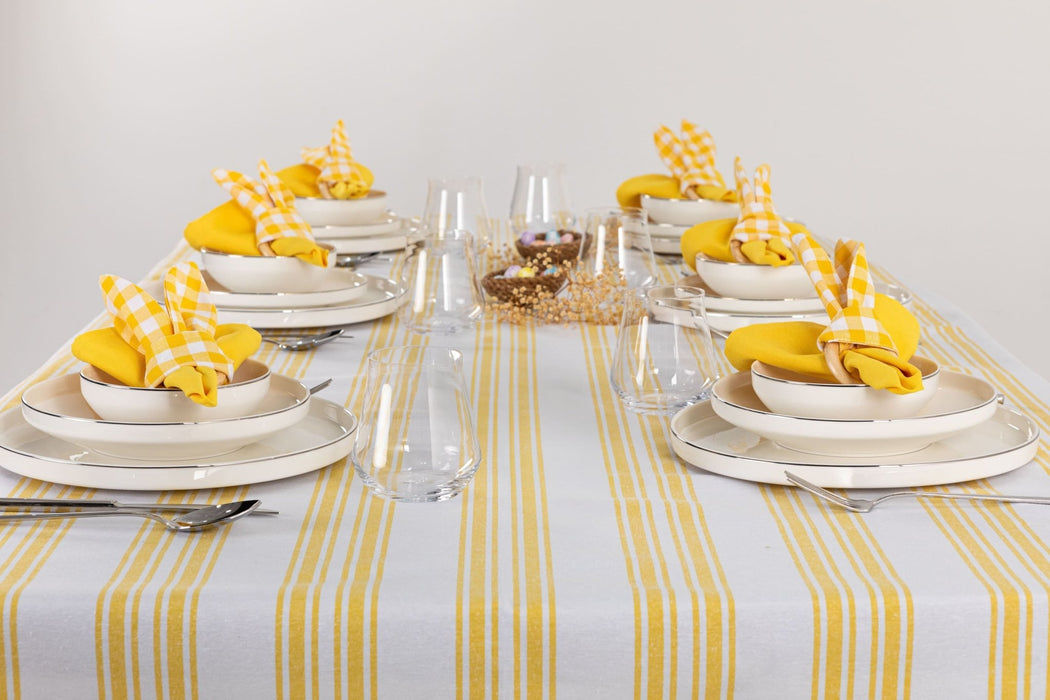 White and Yellow Striped Tablecloth - FineFamilyGoods67" x 94"