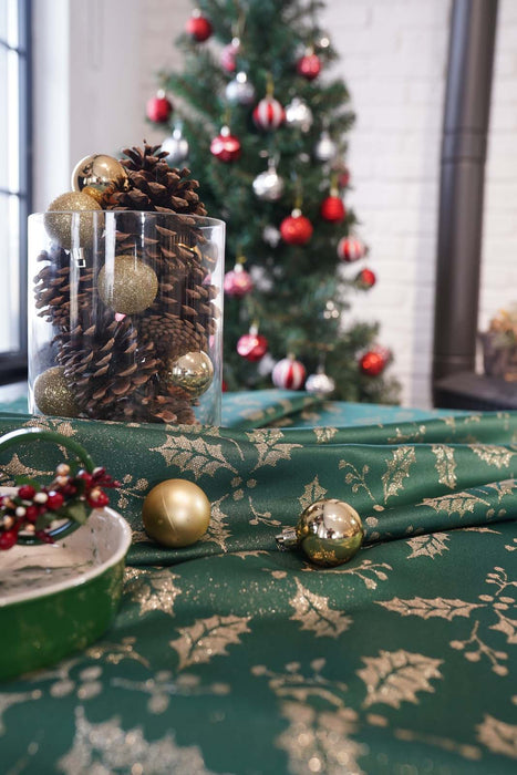 Jacquard Christmas Holly Berry Plant Tablecloth- Green & Gold - FineFamilyGoods59"x 94"