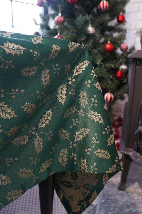 Jacquard Christmas Holly Berry Plant Tablecloth- Green & Gold - FineFamilyGoods59"x 94"