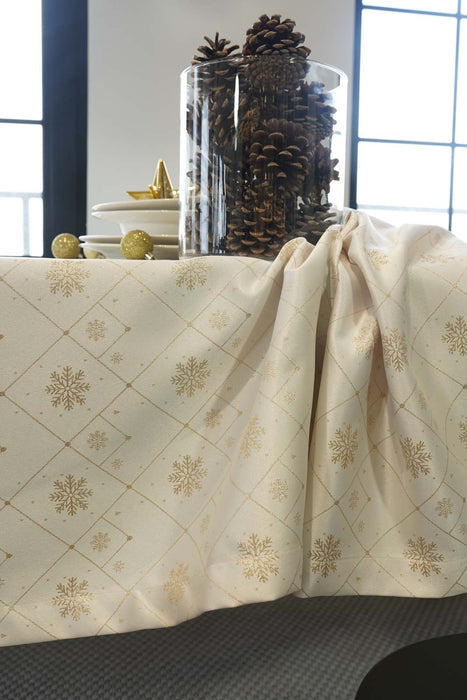 Jacquard Christmas Snowflake Tablecloth- Ecru & Gold - FineFamilyGoods59"x 94"