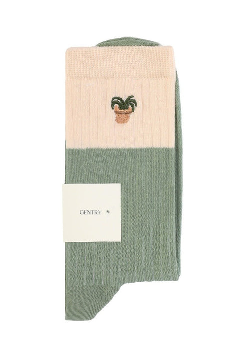Pastel Green Ribbed Socks With Plant Embroidered - FineFamilyGoodsMedium (7-9)