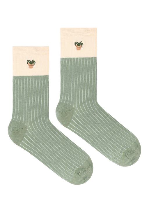 Pastel Green Ribbed Socks With Plant Embroidered - FineFamilyGoodsMedium (7-9)