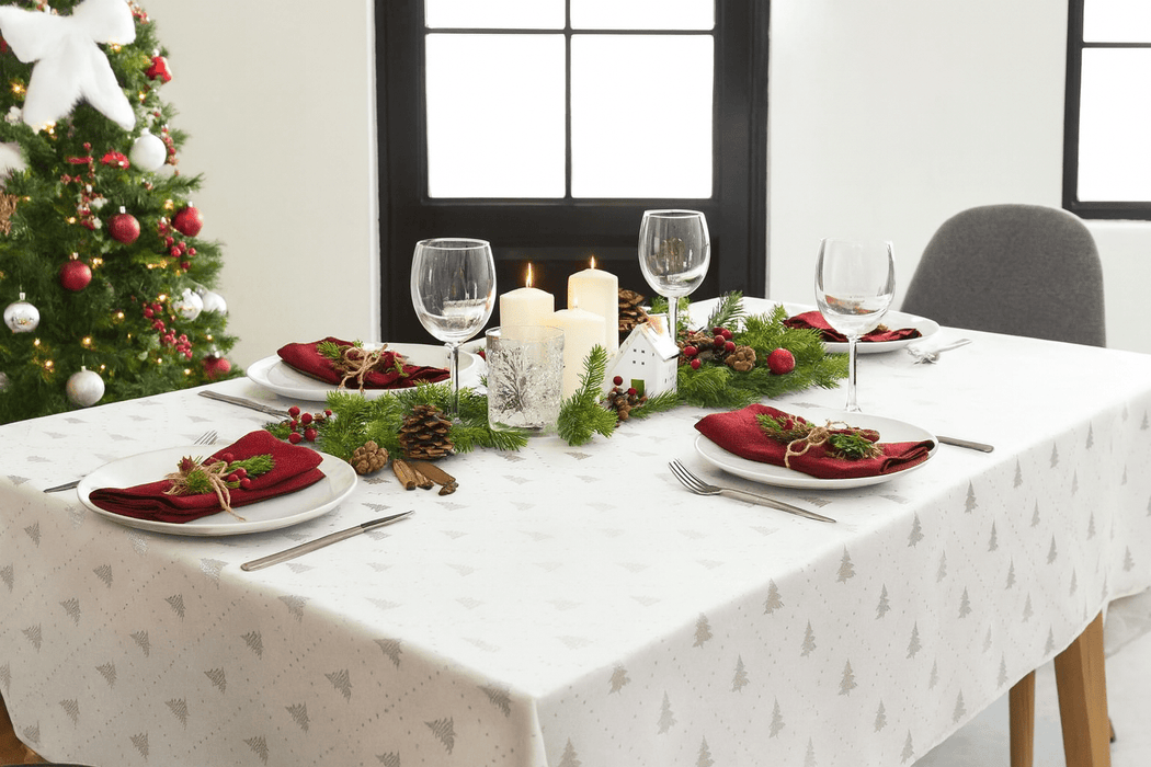 Christmas Tree Tablecloth - White & Silver - FineFamilyGoods59"x 94"