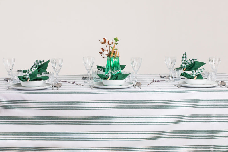 White and Emerald Green Table Set - Tablecloth, Napkin, Napkin Ring - FineFamilyGoods63" x 94"
