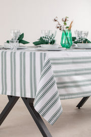 White and Emerald Green Table Set - Tablecloth, Napkin, Napkin Ring - FineFamilyGoods63" x 94"