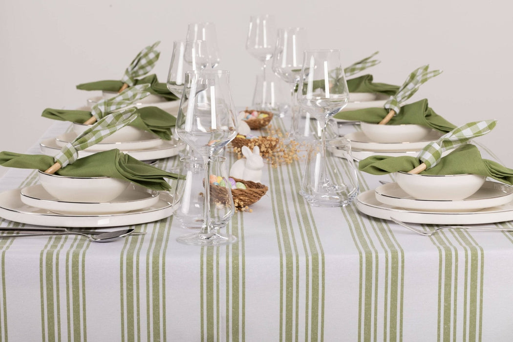 White and Green Striped Table Set - Tablecloth, Napkin, Napkin Holder - FineFamilyGoods67"x 94"