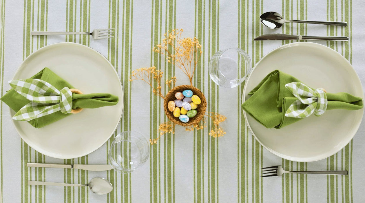 White and Green Striped Table Set - Tablecloth, Napkin, Napkin Holder - FineFamilyGoods67"x 94"