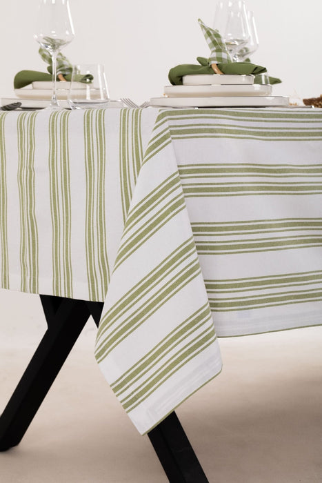 White and Green Striped Table Set - Tablecloth, Napkin, Napkin Holder - FineFamilyGoods67"x 94"