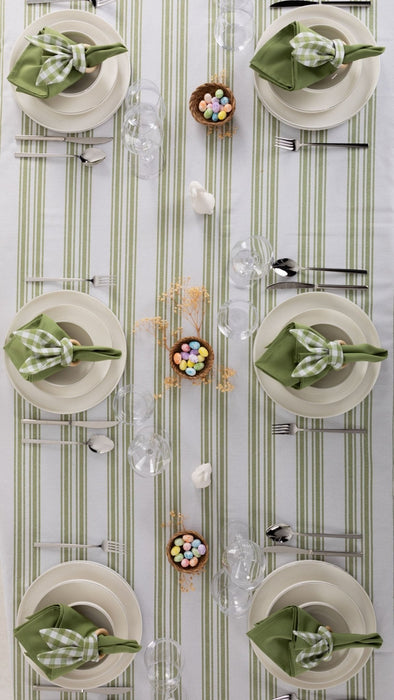 White and Green Striped Table Set - Tablecloth, Napkin, Napkin Holder - FineFamilyGoods67"x 94"