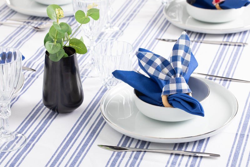 White and Navy Table Set - Tablecloth, Napkin, Napkin Ring - FineFamilyGoods63" x 94"