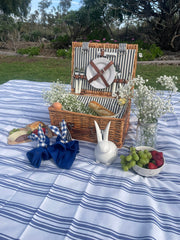 White and Navy Table Set - Tablecloth, Napkin, Napkin Ring - FineFamilyGoods63" x 94"