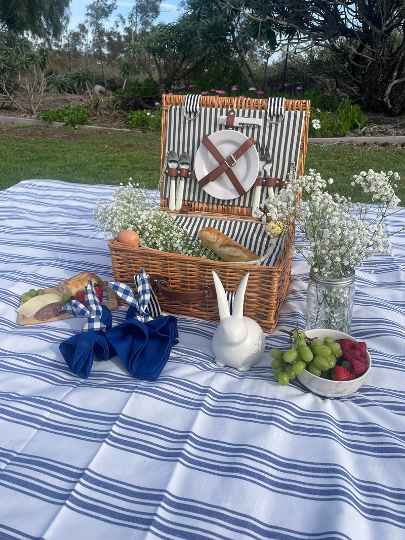 White and Navy Table Set - Tablecloth, Napkin, Napkin Ring - FineFamilyGoods63" x 94"