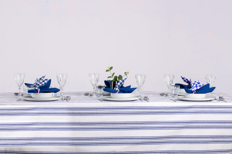 White and Navy Table Set - Tablecloth, Napkin, Napkin Ring - FineFamilyGoods63" x 94"