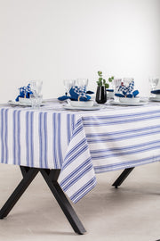 White and Navy Table Set - Tablecloth, Napkin, Napkin Ring - FineFamilyGoods63" x 94"