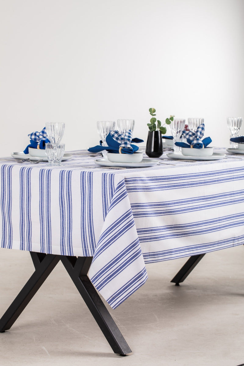 White and Navy Table Set - Tablecloth, Napkin, Napkin Ring - FineFamilyGoods63" x 94"