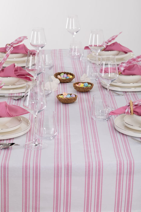 White and Pink Striped Table Set - Tablecloth, Napkin, Napkin Holder - FineFamilyGoods67"x 94"