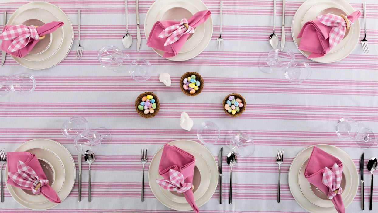 White and Pink Striped Table Set - Tablecloth, Napkin, Napkin Holder - FineFamilyGoods67"x 94"