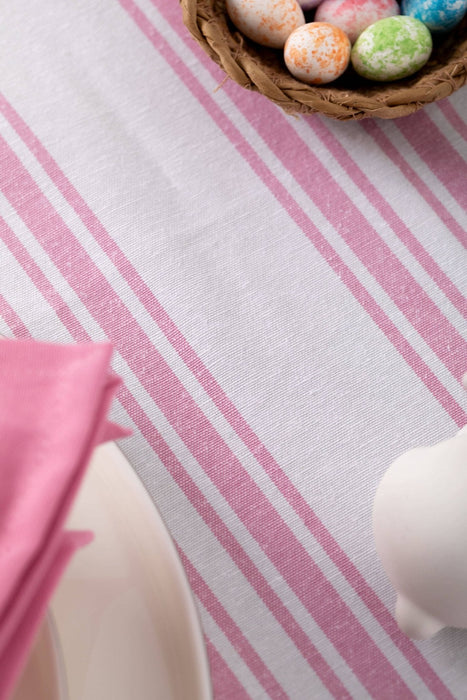 White and Pink Striped Table Set - Tablecloth, Napkin, Napkin Holder - FineFamilyGoods67"x 94"