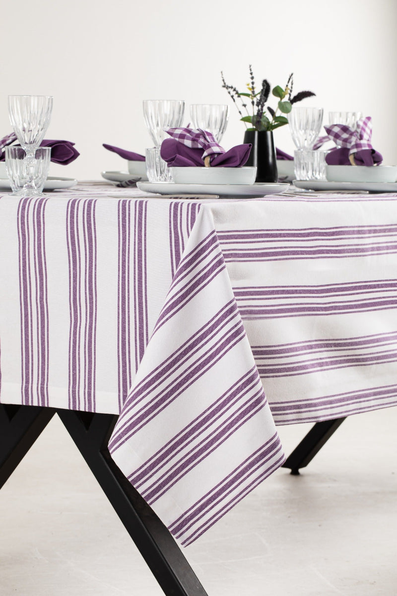 White and Purple Table Set - Tablecloth, Napkin, Napkin Ring - FineFamilyGoods63" x 94"