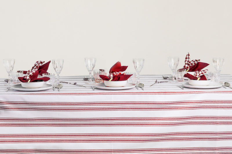 White and Red Table Set - Tablecloth, Napkin, Napkin Ring - FineFamilyGoods63" x 94"