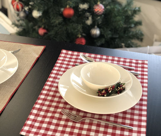 Embroidered Jute and Plaid Placemat Set- Red - FineFamilyGoods