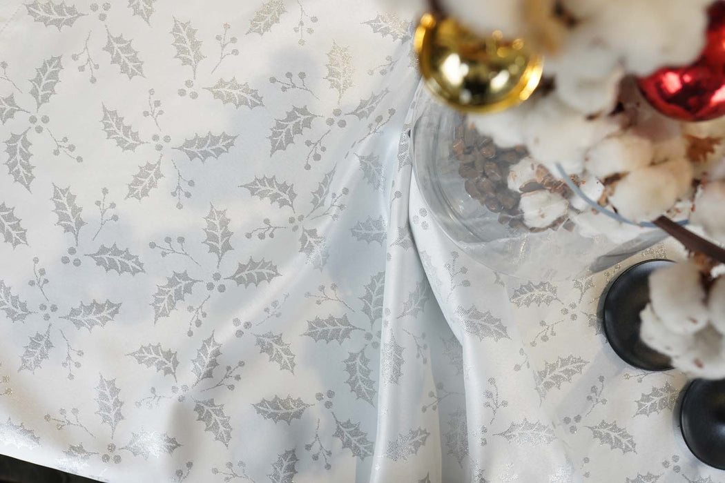 Jacquard Christmas Holly Berry Plant Tablecloth- Ecru & Silver - FineFamilyGoods59"x 94"