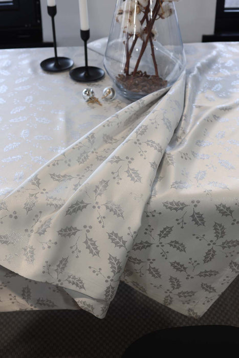 Jacquard Christmas Holly Berry Plant Tablecloth- Ecru & Silver - FineFamilyGoods59"x 94"