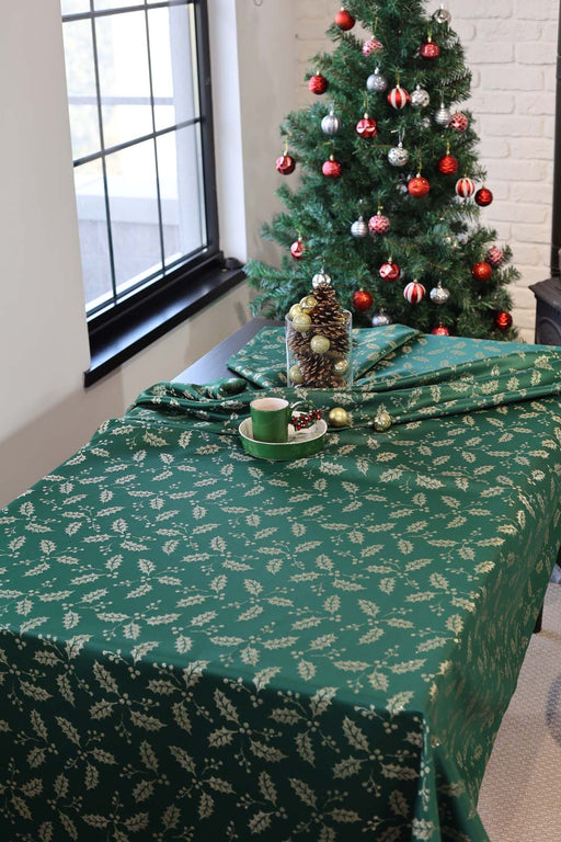 Jacquard Christmas Holly Berry Plant Tablecloth- Green & Gold - FineFamilyGoods59"x 94"