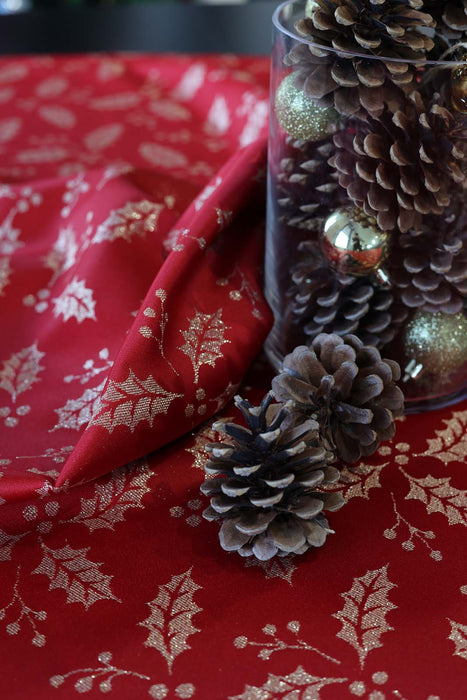 Jacquard Christmas Holly Berry Plant Tablecloth- Red & Gold - FineFamilyGoods59"x 94"