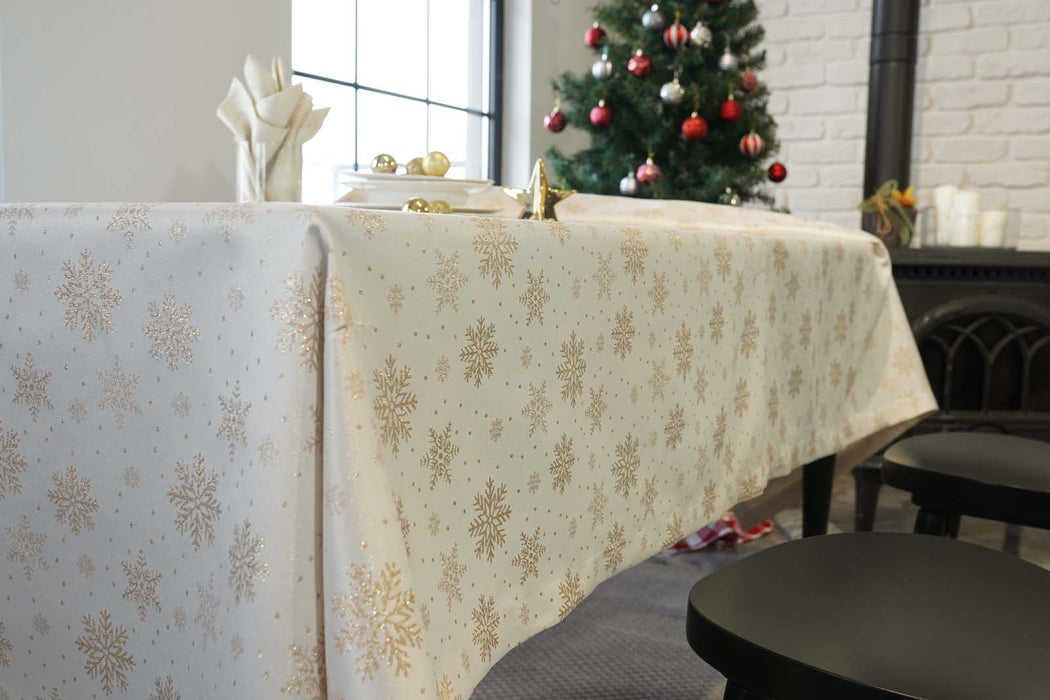 Jacquard Christmas Snowfall Tablecloth- Ecru & Gold - FineFamilyGoods59"x 94"