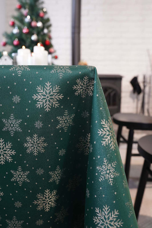 Jacquard Christmas Snowfall Tablecloth- Green & Gold - FineFamilyGoods59"x 94"