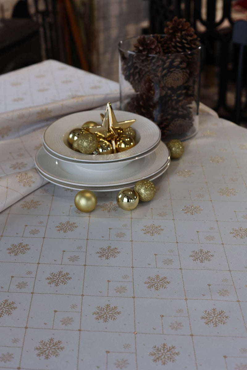 Jacquard Christmas Snowflake Tablecloth- Ecru & Gold - FineFamilyGoods59"x 94"
