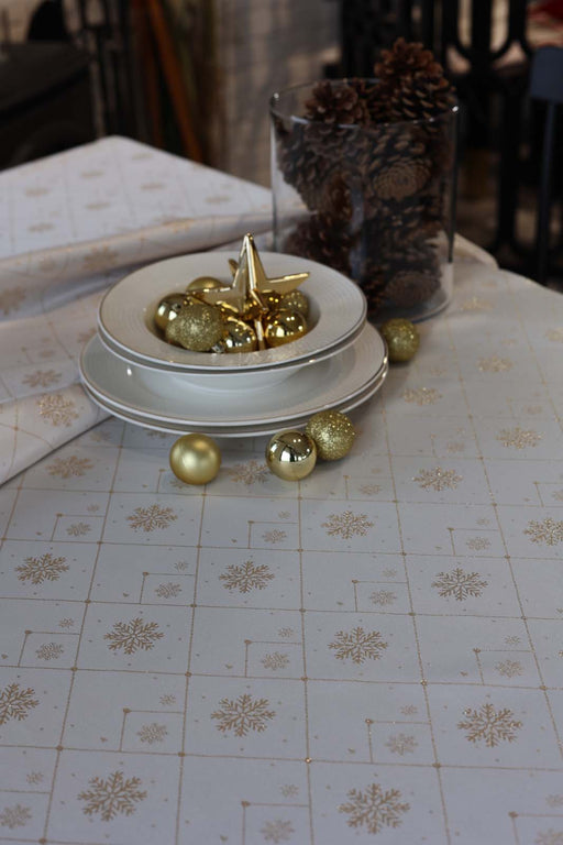 Jacquard Christmas Snowflake Tablecloth- Ecru & Gold - FineFamilyGoods59"x 94"