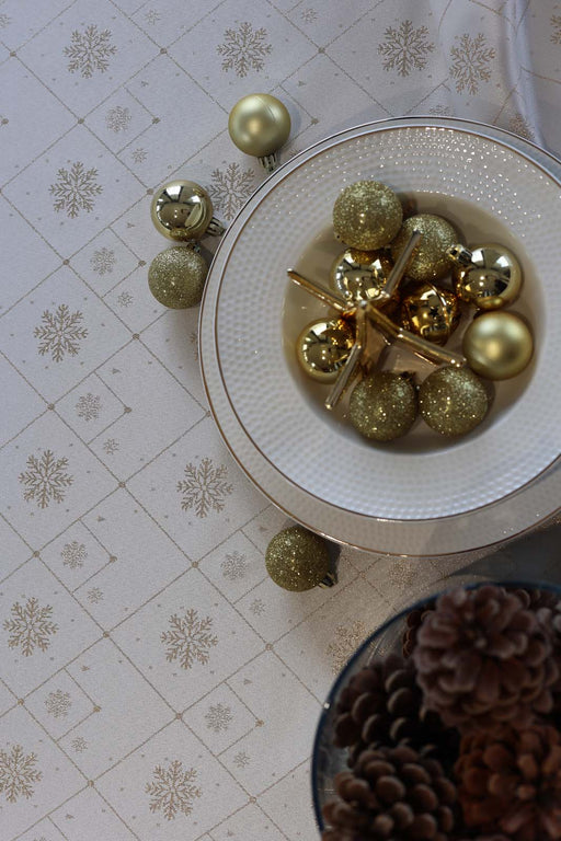 Jacquard Christmas Snowflake Tablecloth- Ecru & Gold - FineFamilyGoods59"x 94"