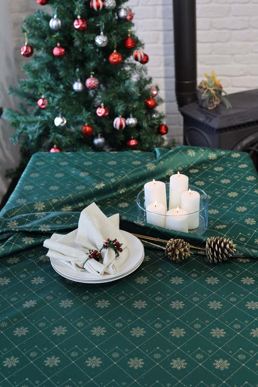 Jacquard Christmas Snowflake Tablecloth- Green & Gold - FineFamilyGoods59"x 94"