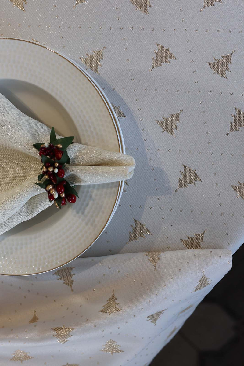 Jacquard Christmas Tree Tablecloth- Ecru & Gold - FineFamilyGoods59"x 94"