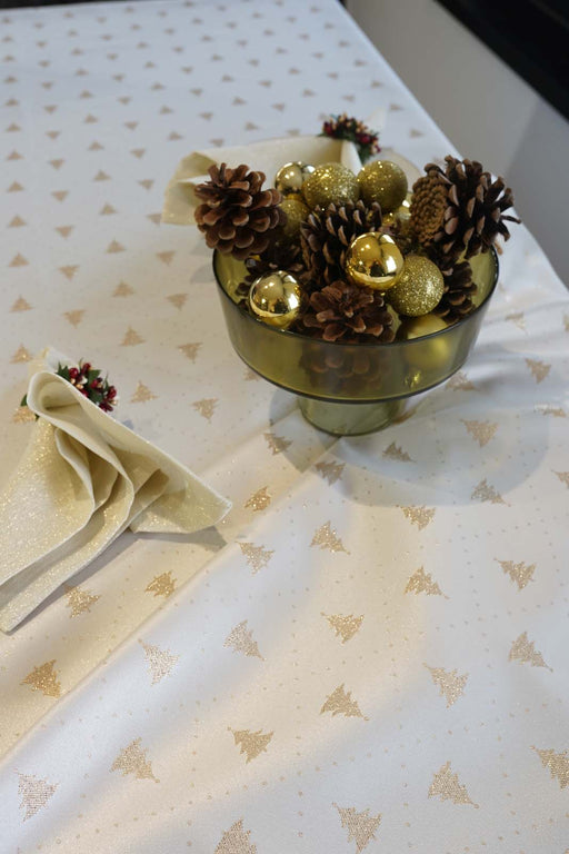 Jacquard Christmas Tree Tablecloth- Ecru & Gold - FineFamilyGoods59"x 94"