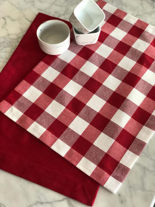 Plaid and Plain Placemat Set- Red - FineFamilyGoods